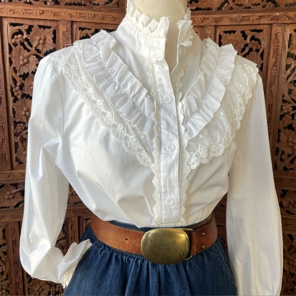 White Ruffled Victorian Edwardian Western lace trim crochet button down Blouse